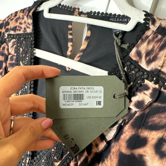 ALLSAINTS - NWT- Zora Evita Lace Trim Printed Dress Leopard Mini | 12 - Picture 9 of 15